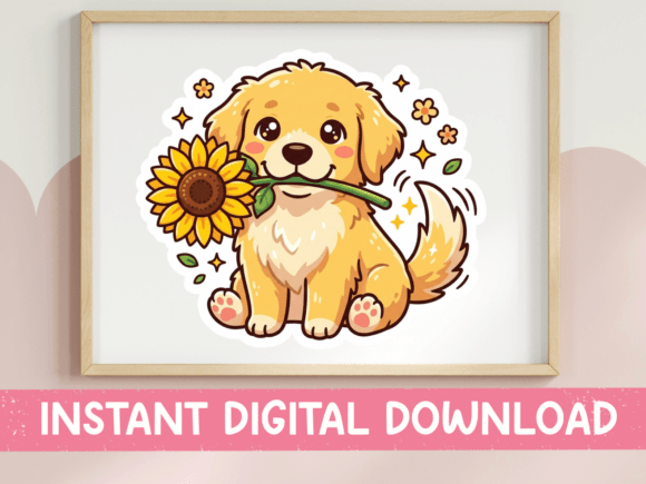 Sunflower Puppy Kawaii Sticker Print: T-Shirt Graphics